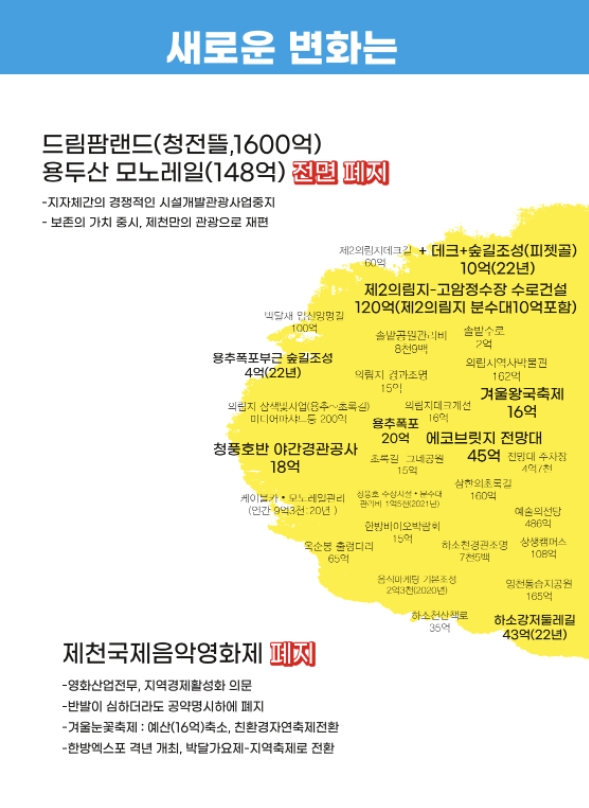 김달성 후보의 선거공보물 일부. 관광개발사업 폐지를 전면에 내걸었다. ⓒ 김달성 후보