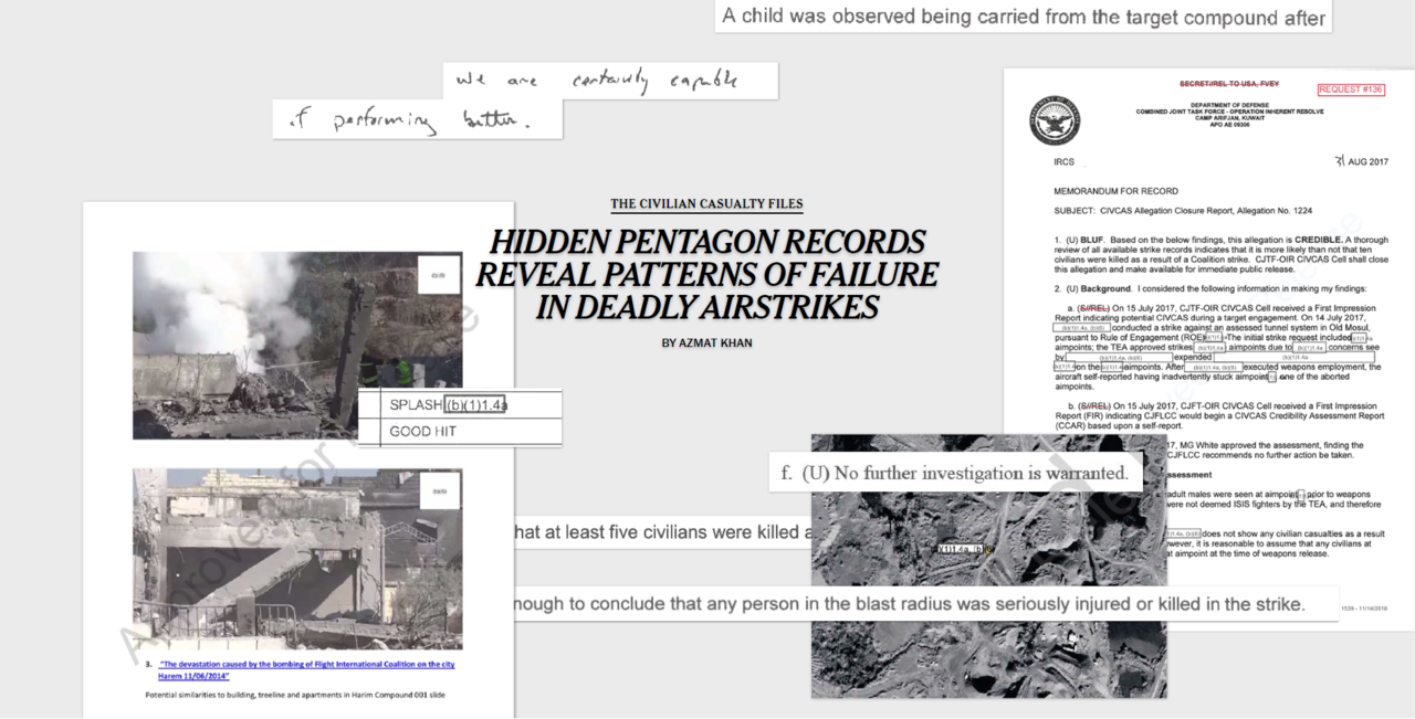 ‘민간인 희생자 문서’ 기획의 연속 보도 가운데 하나인 ‘펜타곤의 비밀 기록이 치명적 공중전의 실패 유형을 드러내다‘(Hidden Pentagon Records Reveal Pattern of Failure in Deadly Airstrikes)의 인터넷판. 뉴욕타임스 누리집 갈무리