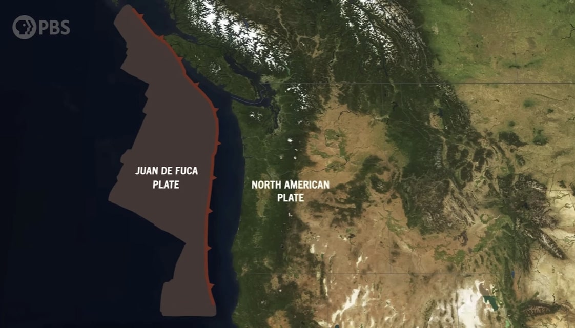 캐스캐디아 섭입대(Cascadia subduction zone)는 미국 북서부에서 캐나다까지 이어져 있다. 이곳에서 지진과 지진해일이 발생하면 13,000여 명이 사망할 것이라는 예측이 나온다. 출처 PBS 유튜브 채널