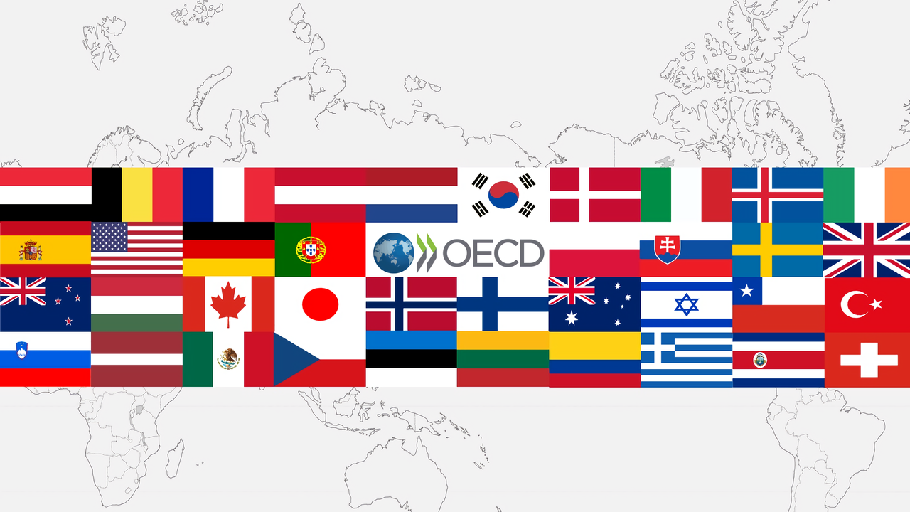 경제협력개발기구(OECD)는 38개 회원국으로 구성됐다. 국토정보지리정보원(세계지도)과 각국 정부 사이트(국기) 이미지를 활용해 OECD 회원국을 나타냈다. 재가공 김아연