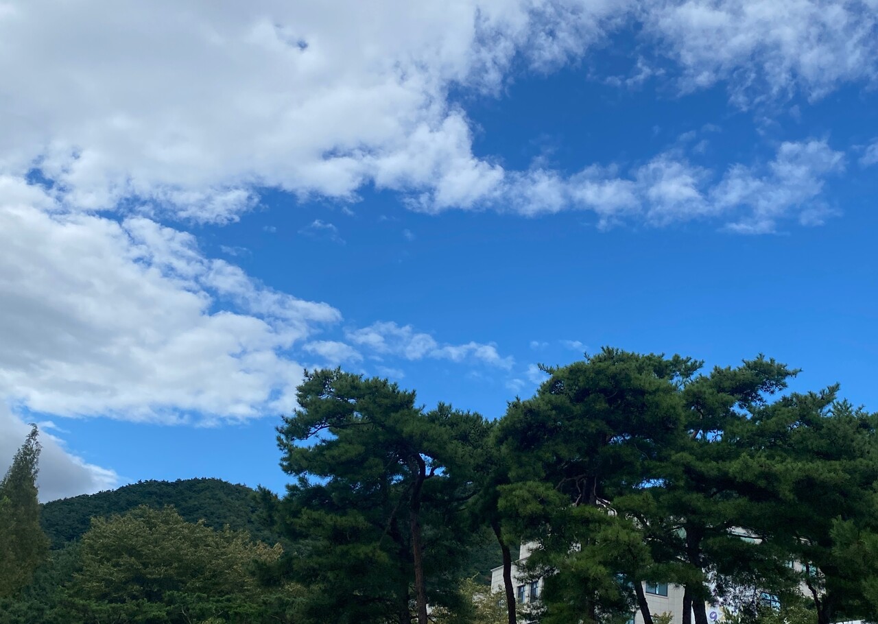저널리즘 대학원이 있는 세명대학교 문화관에서 바라본 하늘과 산. 김아연 기자