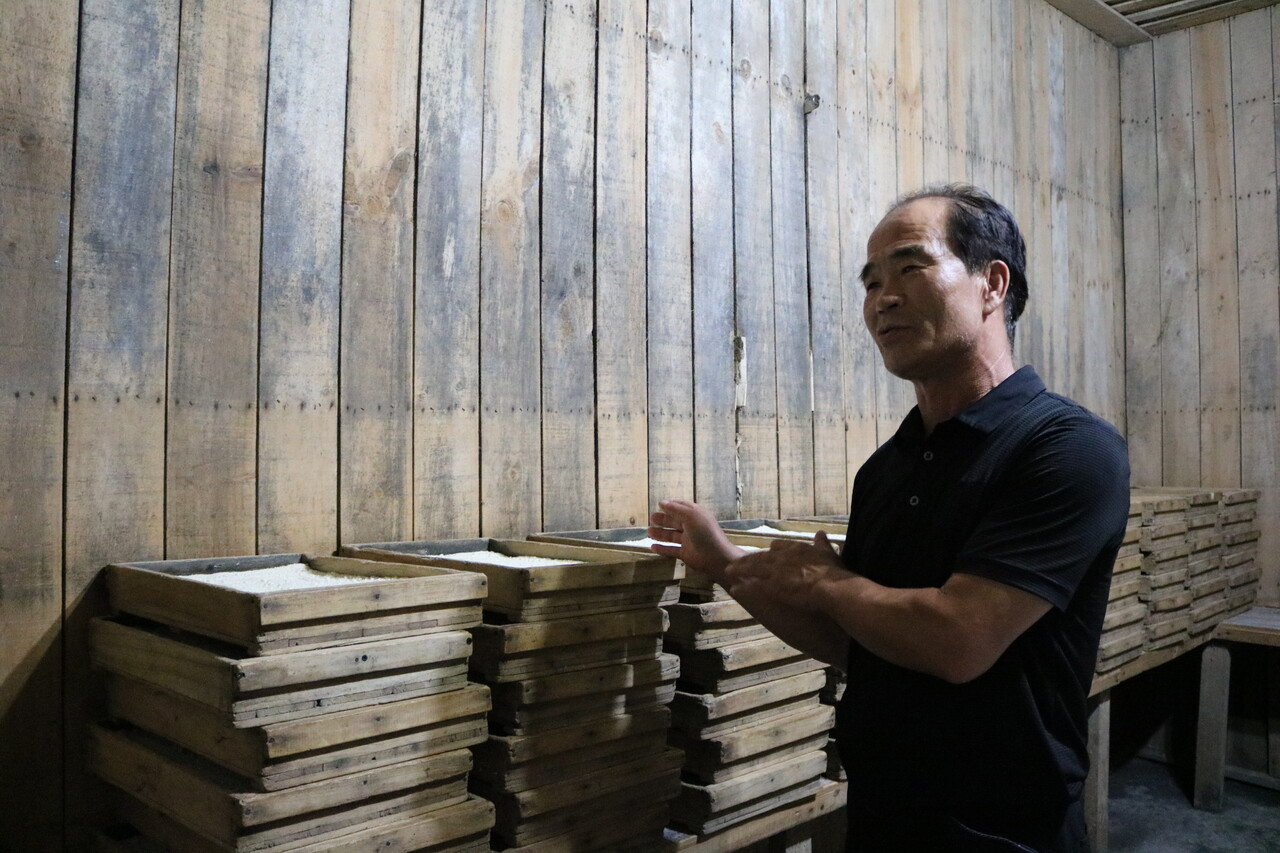 전북 정읍 산외면 산외양조장의 사장 김영일(59) 씨가 누룩을 빚는 오동나무 틀 앞에서 제조 과정을 설명하고 있다. 김 씨는 38세인 아들과 함께 양조장을 운영 중이다. 사진 현경아