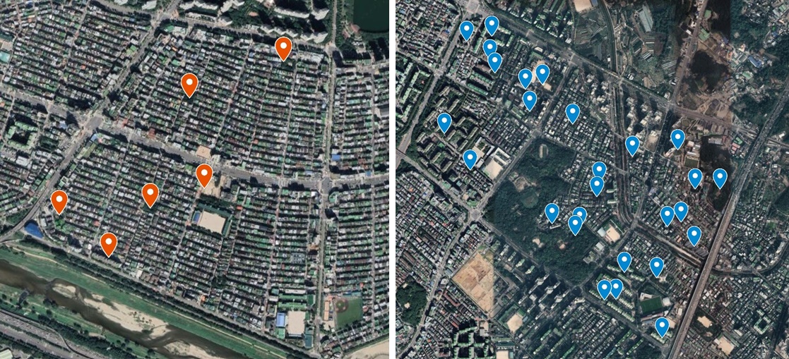 그림 7. 송파구 삼전동(왼쪽)과 송파구 오금동(오른쪽)에 있는 놀이터를 지도에 표시했다. 삼전동의 주거형태는 대부분이 연립‧다세대 주택이다. 반면, 오금동에는 아파트가 많다. 이정민 기자