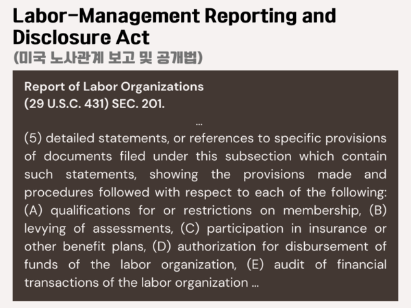 미국 ‘노사 정보 보고 및 공개법(Labor-Management Reporting and Disclosure Act)’ 일부. 자료 미국 온라인 법률, 그래픽 유지인 기자  