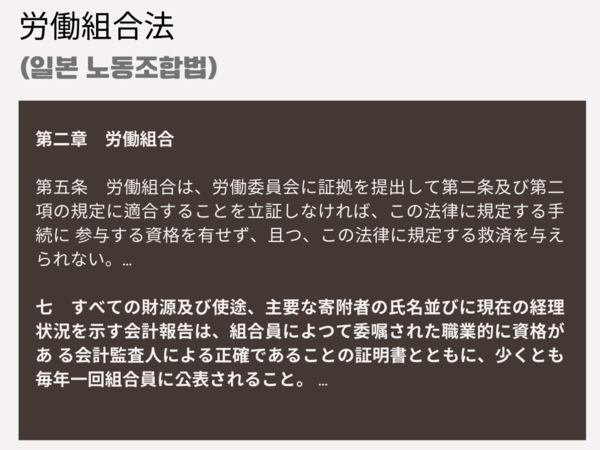 일본 ‘노동조합법(労働組合法)’ 일부. 자료 일본 온라인 법률, 그래픽 유지인 기자