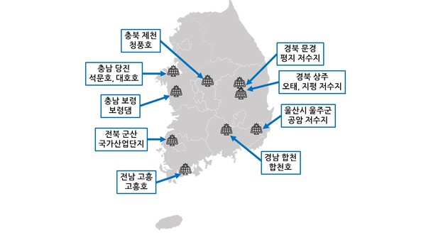 국내 중대형 수상태양광 주요 설치 지역. 자료 한국환경정책평가연구원, 그래픽 박시몬