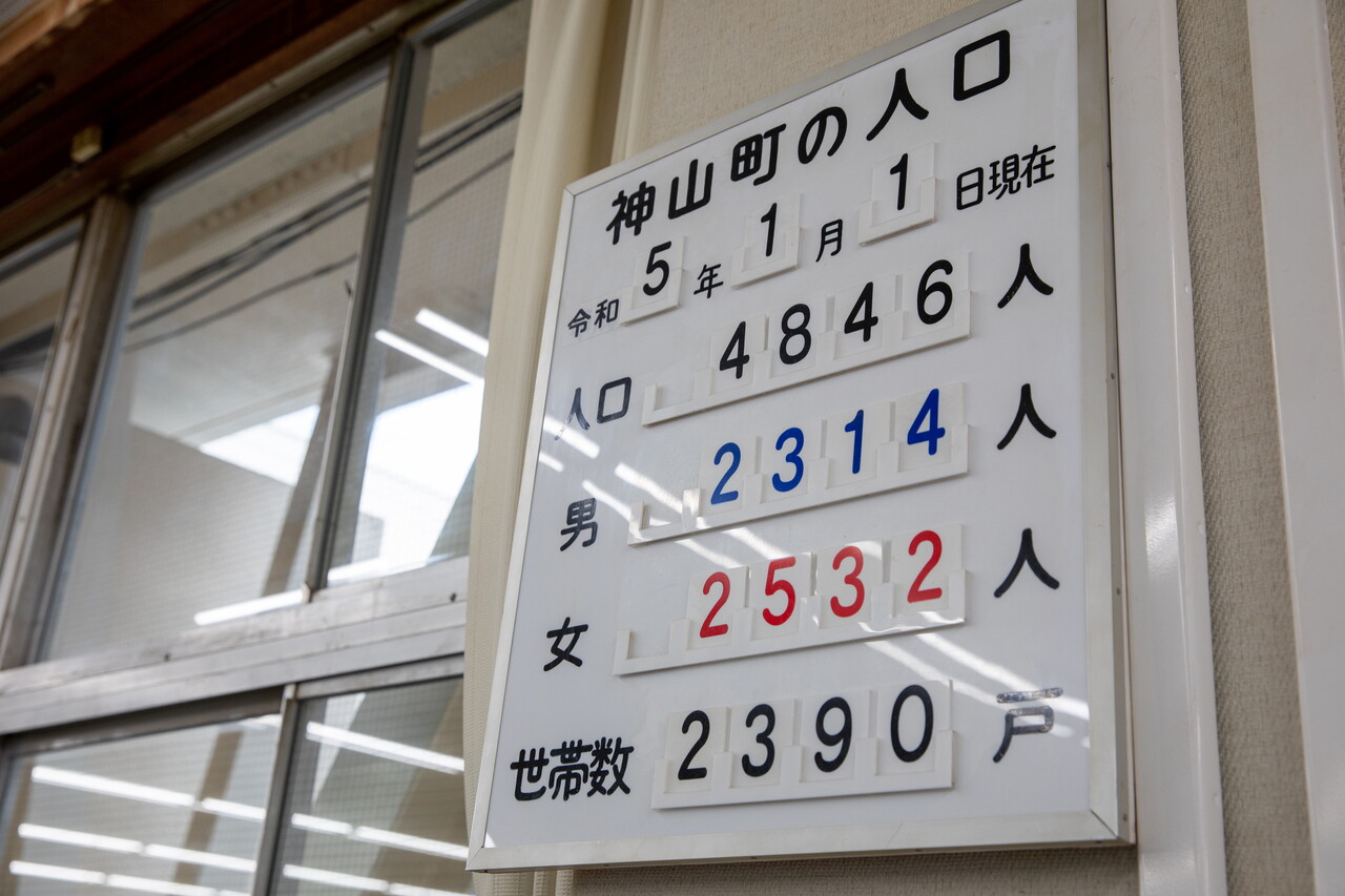 카미야마 마을 면사무소에 걸려있는 마을 인구 통계판. 2023년 1월 기준 카미야마 인구는 총 4,846명이다. 박시몬 기자