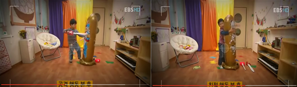 EBS 다큐프라임 ‘아이의 사생활’ 보보인형 실험 장면, 왼쪽은 공격행동을 본 후 오른쪽은 친절행동을 본 후 아이의 행동이다. 유튜브에서 갈무리