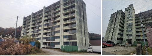 충북 증평군 도안읍에 공사가 중단된 채 서 있는 윤모아파트. 정승현 기자