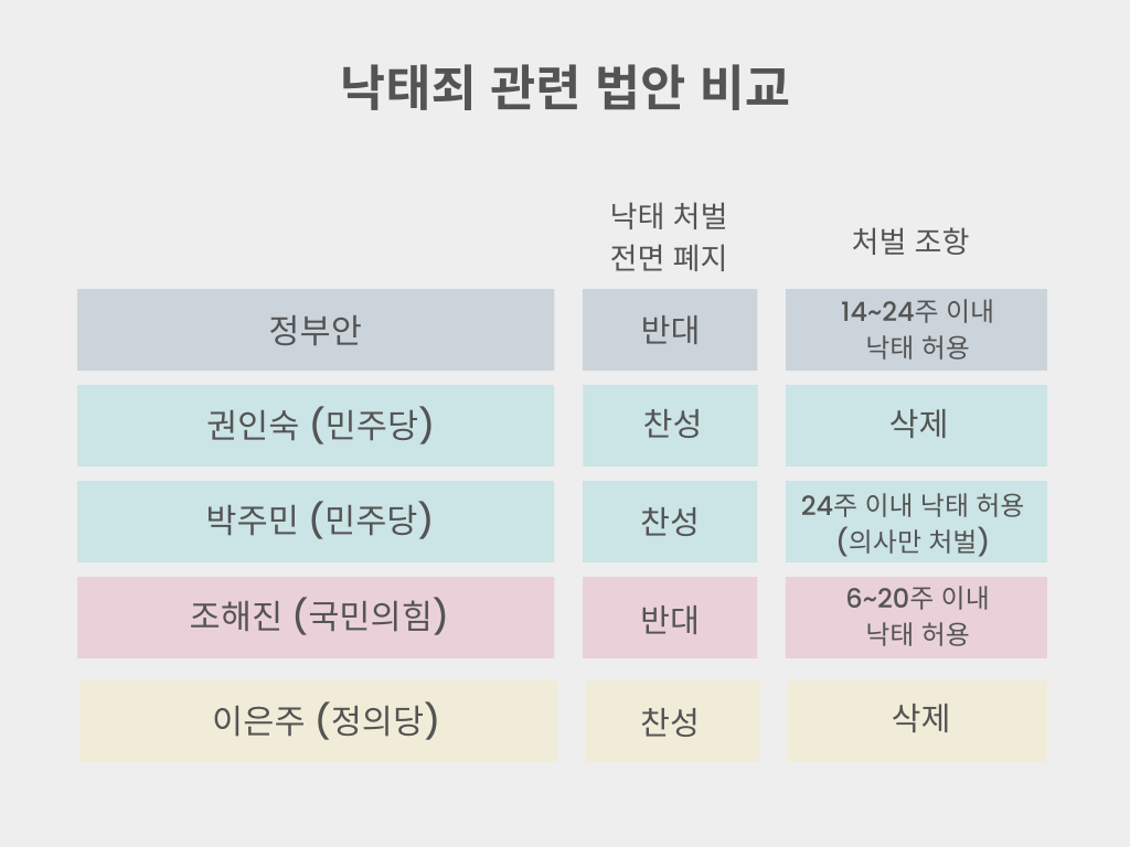 21대 국회에 계류 중인 낙태죄 관련 법안 비교. 그래픽 지수현