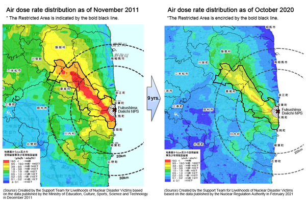 일본 문부과학성이 제공한 자료를 토대로 만든 방사선 분포 지도. 후쿠시마 원전사고 후 9년이 지난 2020년에도 연간 노출량이 1m㏜ 이상인 지역이 원전 반경 50킬로미터(km)까지 남아 있다. 일본 산업경제부 후쿠시마 홍보실