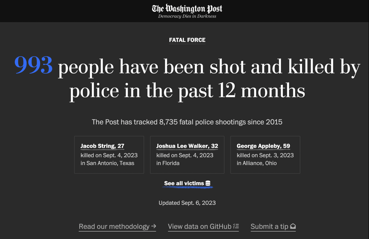 워싱턴 포스트는 2015년 1월 1일부터 경찰의 총격으로 사람이 사망한 모든 사고를 기록하고 있다. 원자료는 개발 플랫폼인 깃허브에 모두 공개한다. 워싱턴 포스트 갈무리
