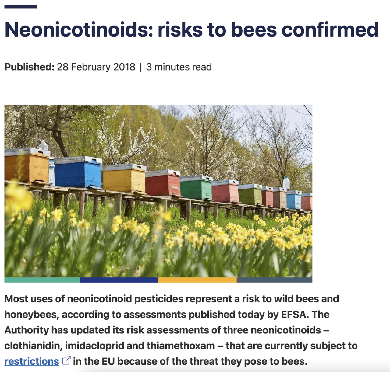 유럽식품안전청(EFSA)은 2018년 2월 꿀벌에게 유해한 네오닉 살충제 3종의 실외 사용을 전면 금지한다고 발표했다. 출처 유럽식품안전청