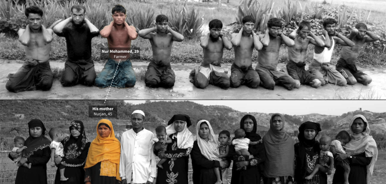 미얀마 군대에 의해 살해된 로힝야족 남성 10명(위)과 유족(아래)의 사진. 출처 로이터
