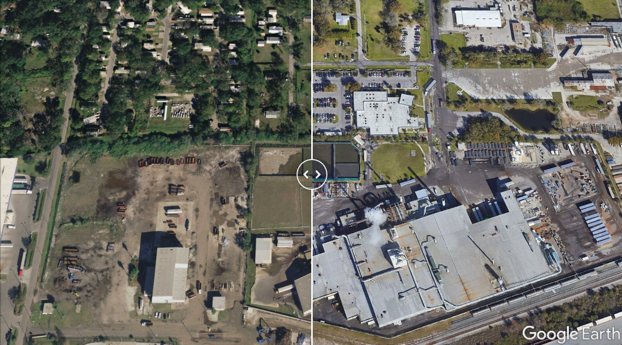 슬라이더를 좌우로 움직이면 고퍼가 탬파베이 지역의 제련소를 인수하기 이전과 이후에 주변 토지가 어떻게 변했는지 확인할 수 있다. 왼쪽은 2006년 3월, 오른쪽은 2019년 12월 촬영한 항공사진이다. 출처 탬파베이타임즈