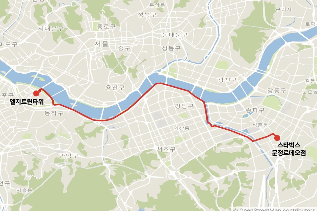 유 씨가 자전거로 출퇴근하는 서울 가락동에서 여의도까지 24km 구간. 지도에서 붉은 실선으로 표시된 경로다. 조재호 기자