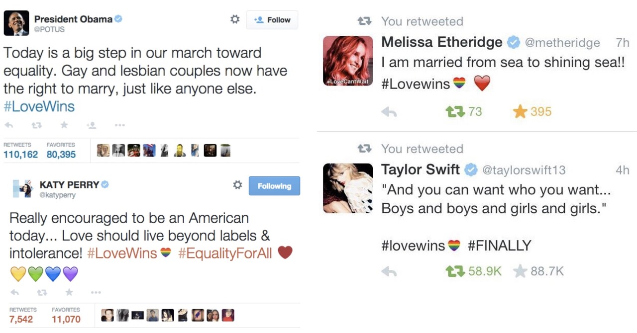 2015년 6월 26일 미국 연방대법원의 결정에 많은 이들이 #LoveWins 문구를 사용해 환영을 표했다. 출처 트위터 갈무리