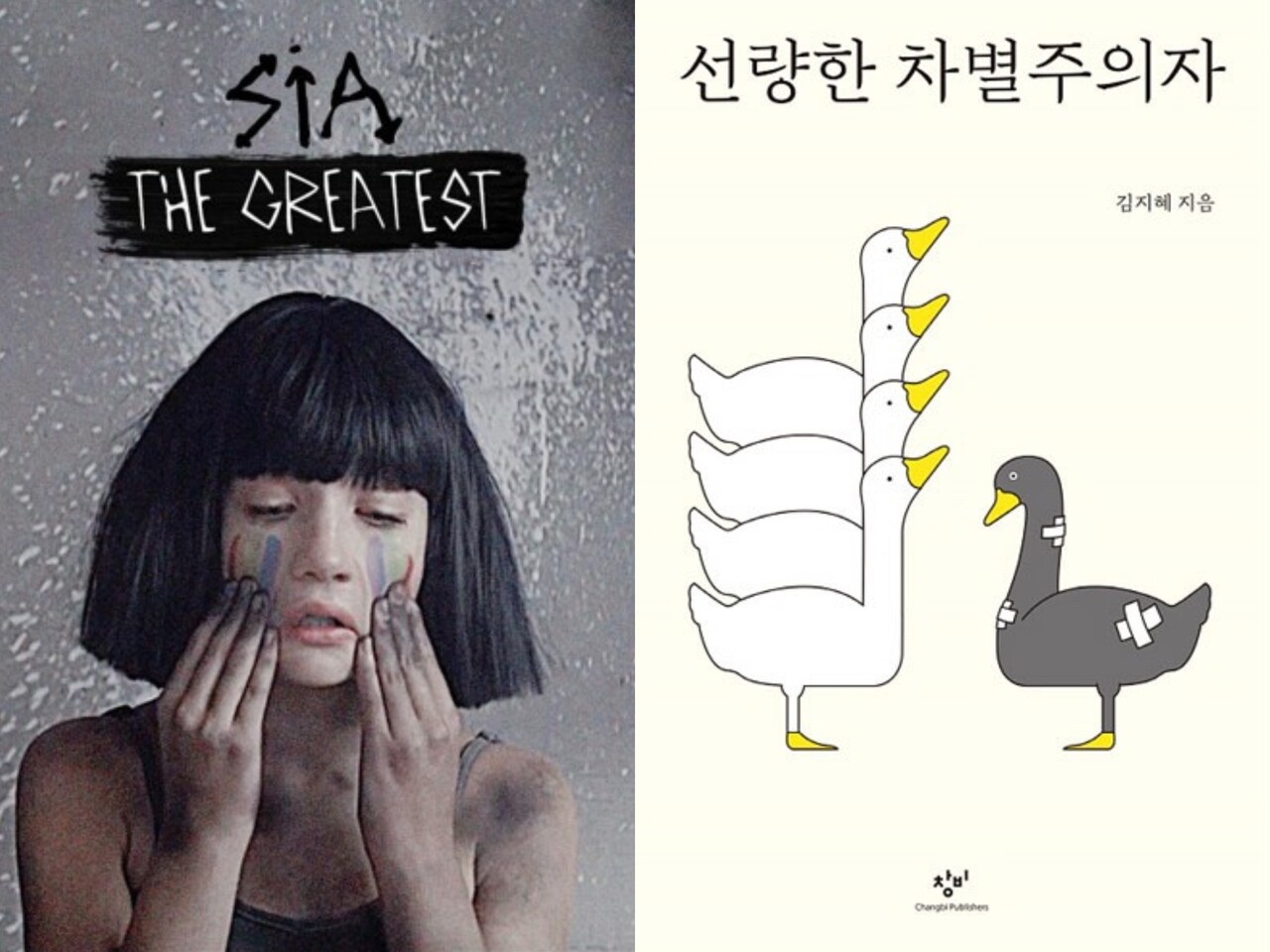 가수 Sia의 'The Greatest' 대표사진 (좌), '선량한 차별주의자' 표지 이미지 (우) 출처 창비