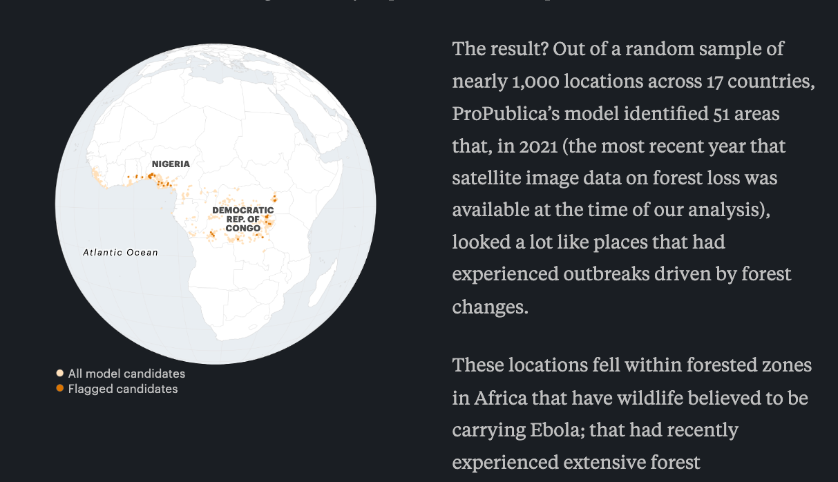 ​아프리카 1000개 지역(연한 주황색)을 머신러닝을 통해 분석한 결과, 나이지리아와 콩고민주공화국에서 집중적으로 에볼라 발병 가능성이 높게 나타났다(짙은 주황색). 프로퍼블리카 홈페이지 갈무리