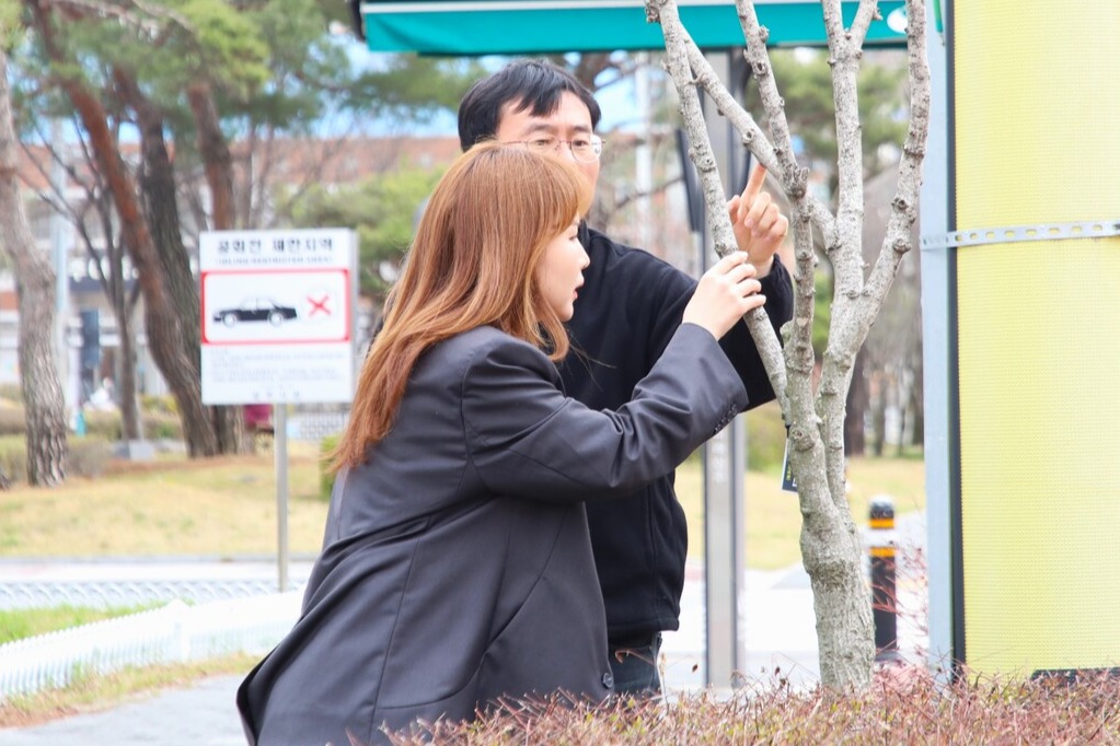 지난달 29일 경북 상주시 남현동에서 상주시청 녹지조경팀 김예림, 이환구 주무관이 가로수의 생육 상태를 점검하고 있다. 조벼리 기자