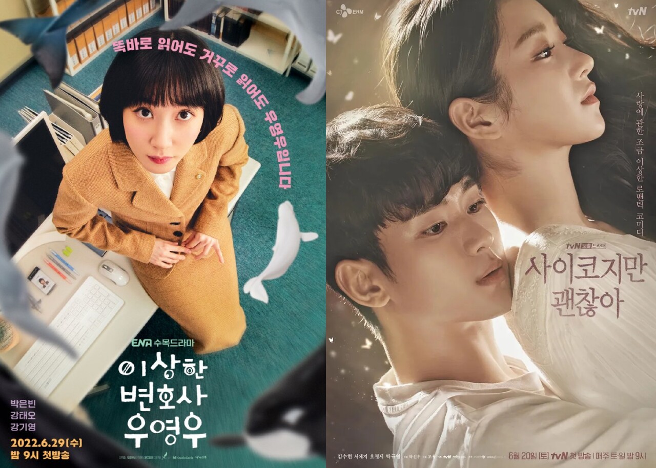 자폐 장애인을 캐릭터로 보여준 드라마들이다. 왼쪽부터 ‘이상한 변호사 우영우’, ‘사이코지만 괜찮아’ 포스터. 출처 좌측 ENA, 우측 tvN