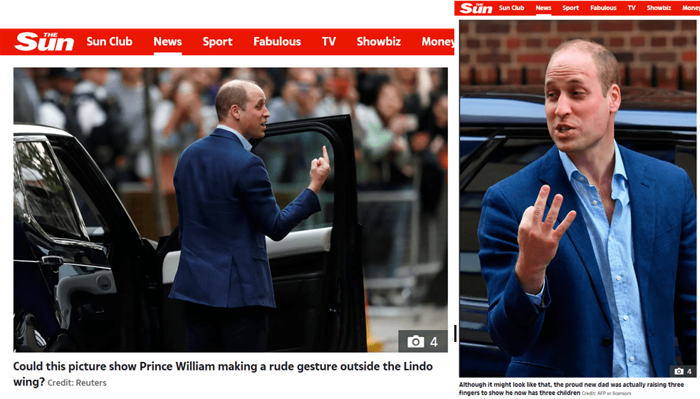 ▲ 영국의 가십 신문 더 선에 실린 윌리엄 왕세손의 사진(왼쪽)과 당시 다른 각도에서 찍힌 사진(오른쪽). 더 선 홈페이지 갈무리