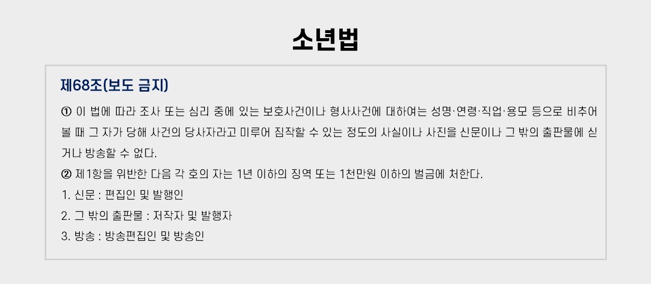 소년법 제68조에 따라, 미성년 피의자의 신상이 유추될 수 있는 보도는 금지된다. 그래픽 하미래