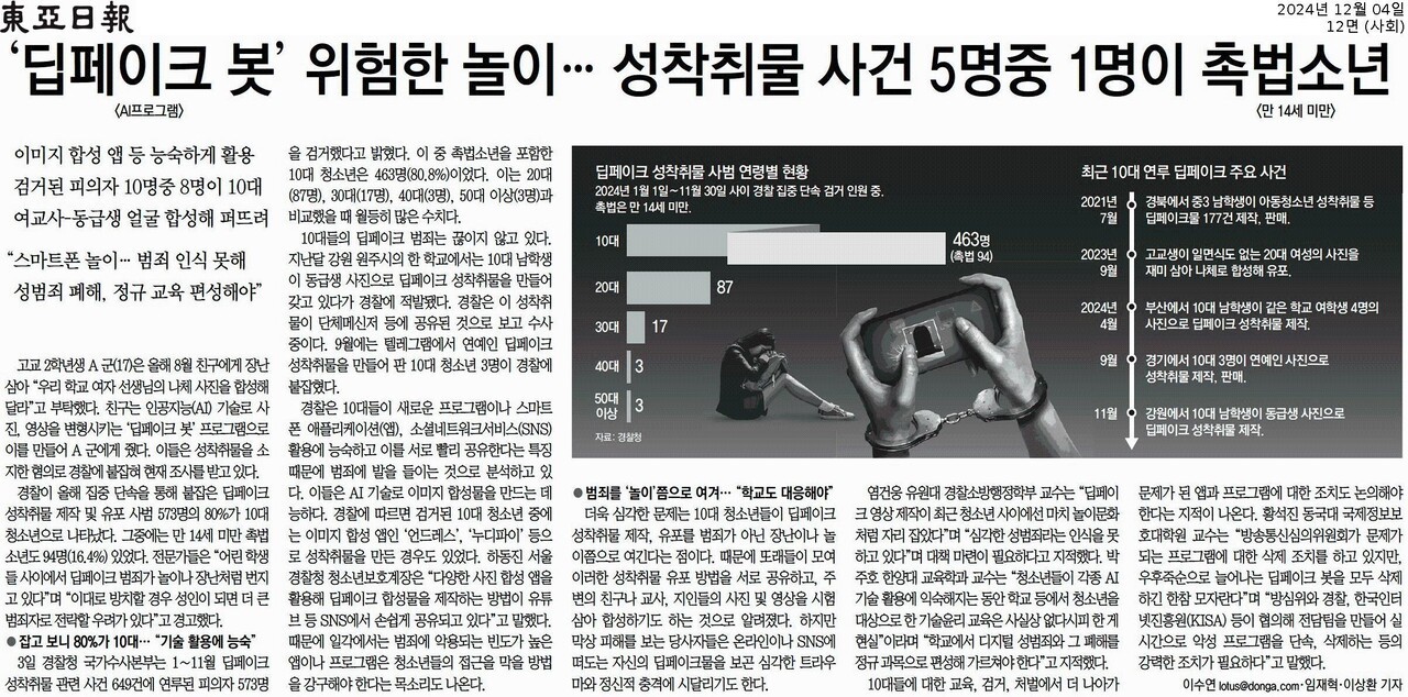 지난해 12월 4일 동아일보 12면에 실린 딥페이크와 미성년 피의자에 관한 보도다. 동아일보 12면 갈무리