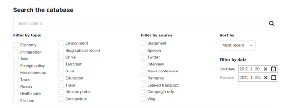 데이터베이스 검색창의 모습. 트럼프의 주장, 키워드, 주제, 발언 출처, 그리고 날짜로 검색할 수 있게 만들었다. 워싱턴포스트 누리집 갈무리