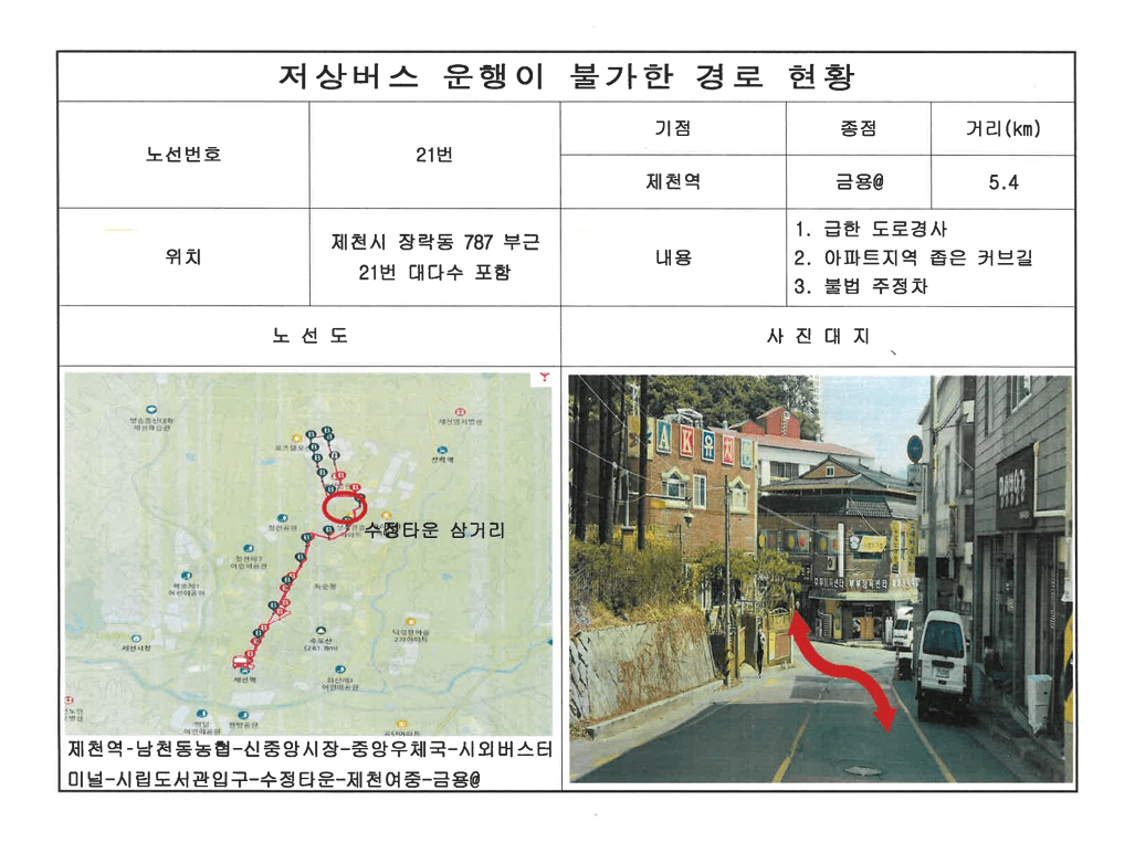 지난 1월 충북 제천시 제천운수·제천교통이 제천시청 교통과에 제출한 저상버스 도입 예외 승인신청서 일부. 불법 주정차 때문에 저상버스 도입이 어렵다는 내용이 담겼다.