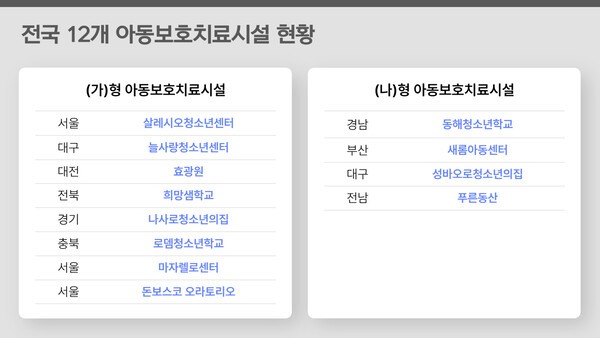지난해 기준 전국아동보호치료시설협회에 등록된 전국 12곳의 아동보호치료시설 가운데 8곳이 (가)형, 4곳이 (나)형에 속해있다. 그래픽 정윤채
