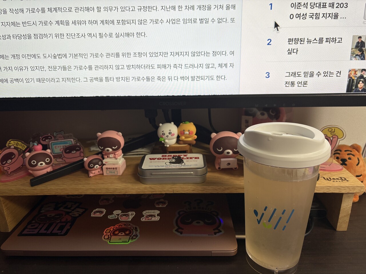 단비뉴스 후원 리워드(답례품)로 강구현 씨에게 전달된 다회용 컵. 그는 주로 콤부차를 마실 때 사용한다고 말했다. 뒤편 컴퓨터 모니터에는 단비뉴스의 ‘사람이 심고 사람이 죽이는 가로수’ 기사가 띄워져 있다. 강구현 제공