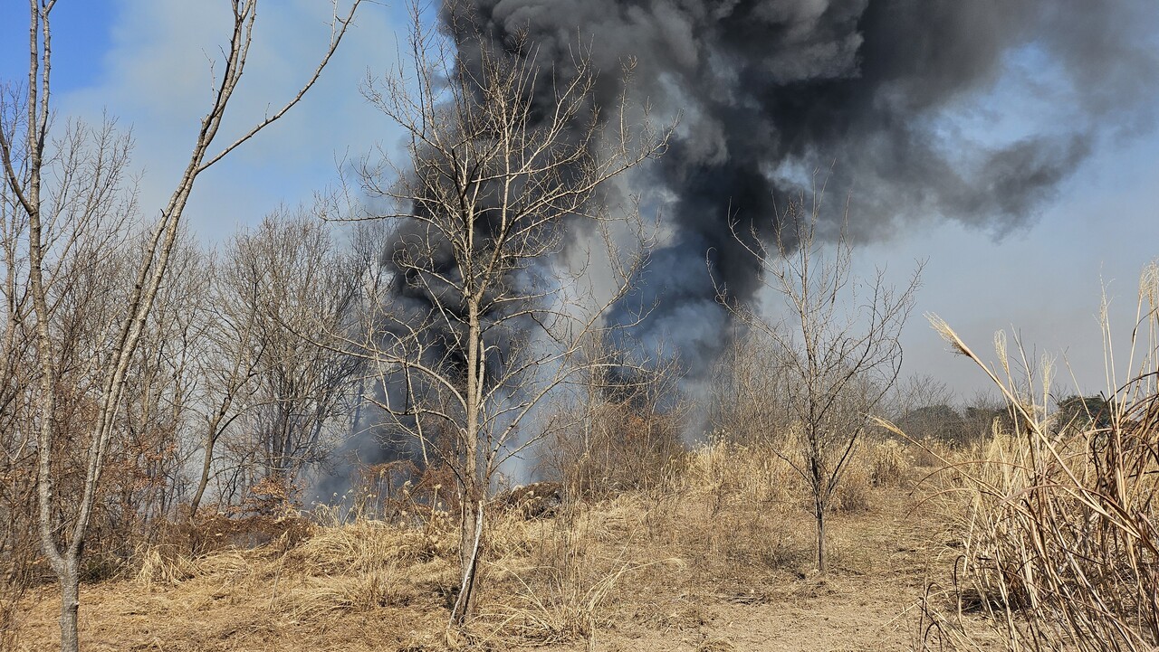 지난 3월 23일, 경북 의성 원당 2리 절골 인근의 뒷산에서 검은 연기가 피어오르고 있다. 이재성 제공
