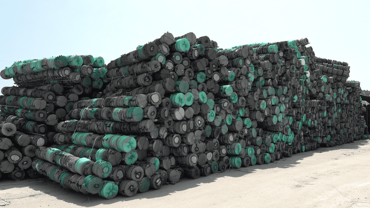 전남 해남군 송지면 해안가에 쌓여 있는 발포 부표들. 겉면에는 부표 조각이 바다로 흘러가지 못하게 망이 씌워져 있다. 박현석 기자