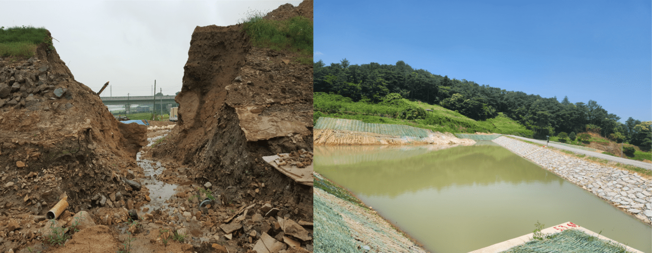 2020년 폭우로 제방이 붕괴된 외마저수지(좌)와 2023년 복구공사를 마친 외마저수지. 무너진 흙제방을 다시 쌓고 물넘이 방지 시설 설치, 바닥을 파내는 준설공사 등을 했다. 장성군청 제공