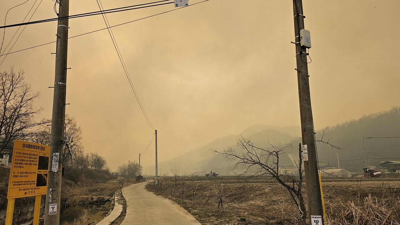 지난 3월 25일 오후 4시, 경북 의성군 안평면 기도리의 하늘이 연기로 자욱하다. 이재성 씨 제공