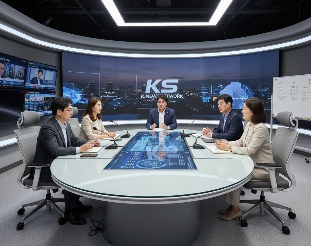 한국 뉴스룸은 연공 서열주의와 조직 순혈주의에 따라 기수별로 리더를 고른다. 일러스트레이션은 '한국의 뉴스룸 국장 또는 데스크'라는 프롬프트를 활용해, 오픈 AI GPT5로 생성한 것이다.