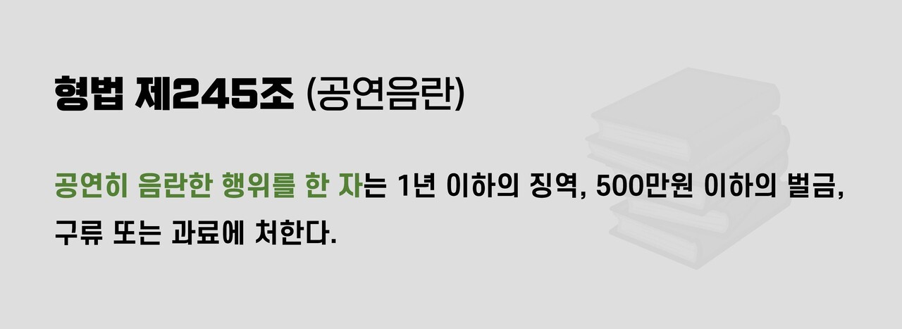 형법 제245조는 “공연히 음란한 행위를 한 자는 1년 이하의 징역, 500만원 이하의 벌금, 구류 또는 과료에 처한다”고 규정한다. 그래픽 하미래