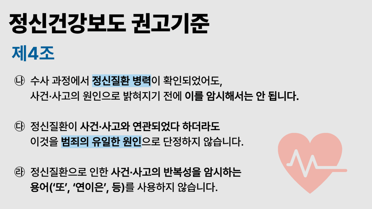 ‘정신건강보도 권고기준’은 정신질환을 범죄와 직접적으로 연관 짓는 보도를 지양하도록 규정하고 있다. 그래픽 심은진
