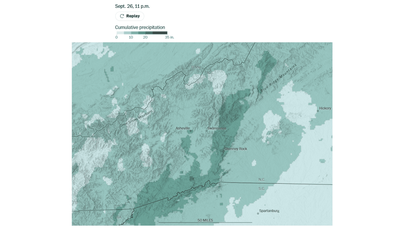 워싱턴포스트는 기사 ‘How Helene became a worst case scenario’를 지난해 10월 4일 보도했다. 헬렌이 상륙하기 전 이틀 동안 테네시와 노스캐롤라이나의 블루리지 산맥에 내린 강수량을 시각 자료를 활용해 보여줬다. 출처 워싱턴포스트 누리집 갈무리