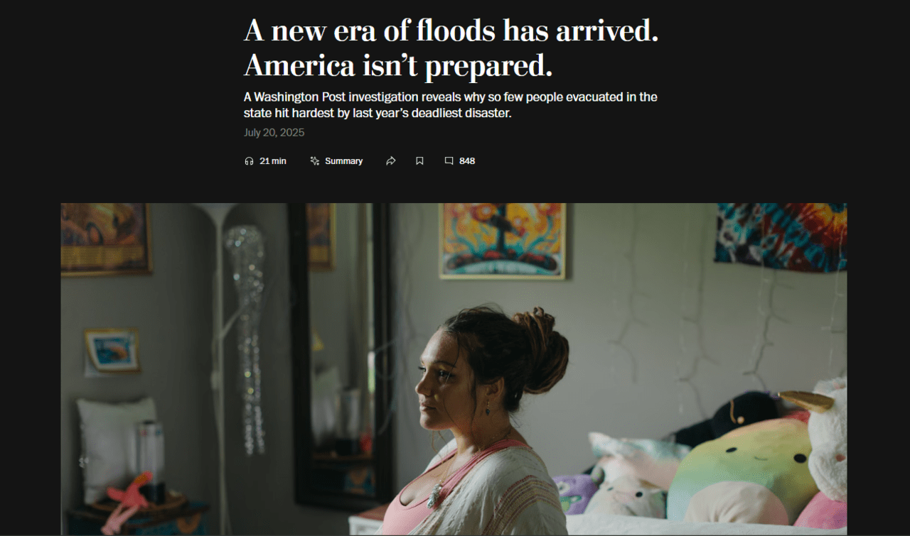 워싱턴포스트는 지난 7월 20일, ‘A new era of floods has arrived. America isn’t prepared.’라는 제목의 기사를 보도했다. 출처 워싱턴포스트 누리집 갈무리