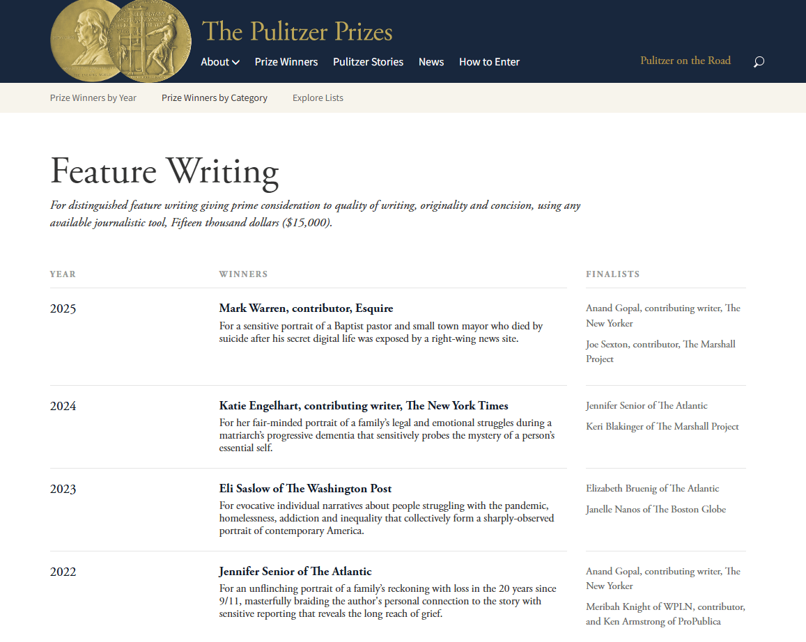 연도별 퓰리처상 피처 부문 수상작이 공개되어 있다. 퓰리처상 홈페이지 갈무리