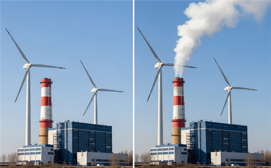 풍력 발전량이 부족할 때 자체 발전을 가동하는 데이터센터의 모습. 구글 AI 스튜디오 캡처