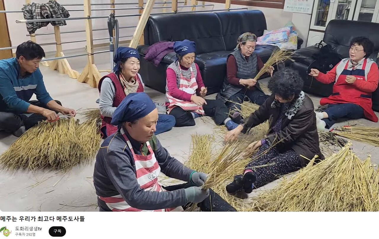 도화리 마을 유튜브 채널에 올라와 있는 도화리 주민들이 함께 볏짚으로 메주를 엮는 모습. 도화리 공식 유튜브 갈무리