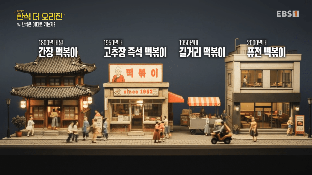 ‘AI 다큐–한식 더 오리진’은 1800년대 간장 떡볶이부터 2000년대 퓨전 떡볶이까지, 시대별 떡볶이 문화의 변천사를 미니어처 풍의 생성형 AI가 만든 영상으로 구현했다. 출처 EBS