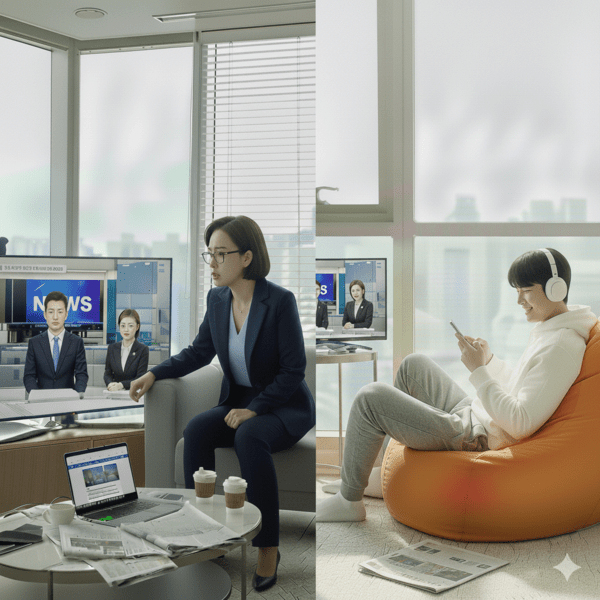 뉴스를 열심히 보는 사람과 외면하는 사람을 구글 AI 어시스턴트 제미나이(Gemini)로 생성했다.