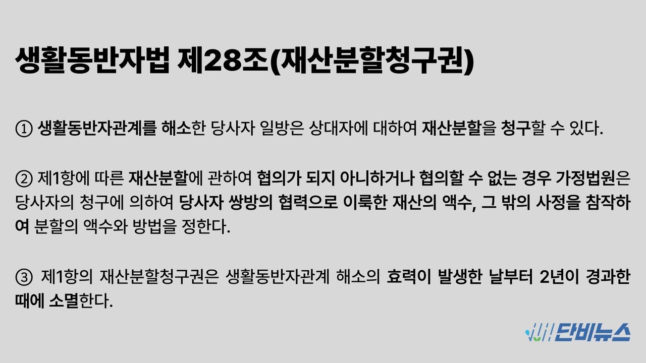 생활동반자관계에 관한 법률안은 제28조를 통해 생활동반자관계를 해소한 경우 재산분할을 청구할 수 있다고 명시하고 있다. 그래픽 최영범
